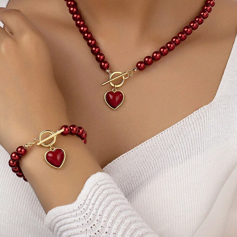 2 Pcs Immitation Pearl Necklace Bracelet Jewelry Set Elegant Pearl Color Pendant