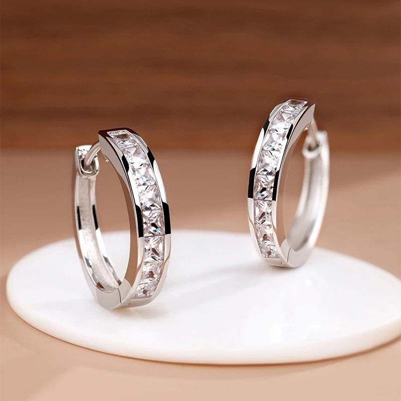 New 925 Sterling Silver Shining Zircon Earrings Women's Circle Round Earrings Fa