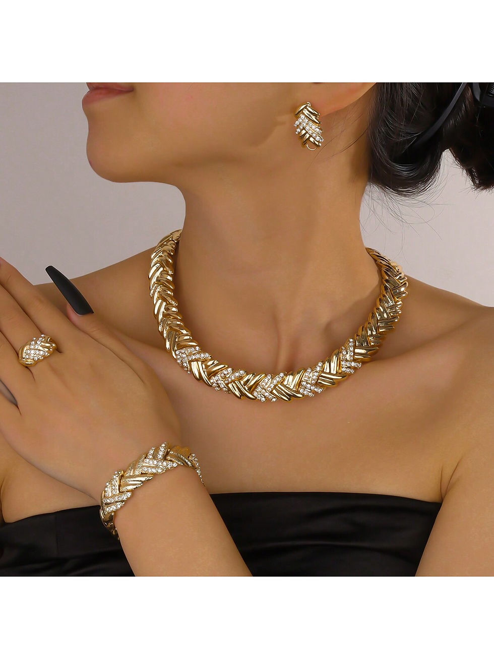 Thumbnail: Fashion 18k Gold Plated Jewelry Set Dubai African Choker Necklace Earrings Rings
