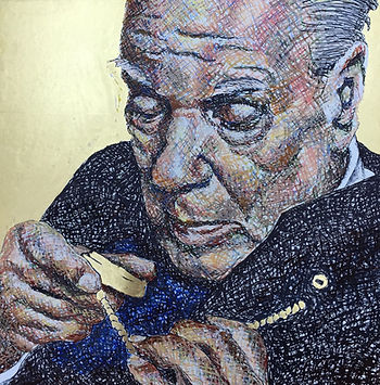 Jorge Luis Borges geschilderd met ei tempera