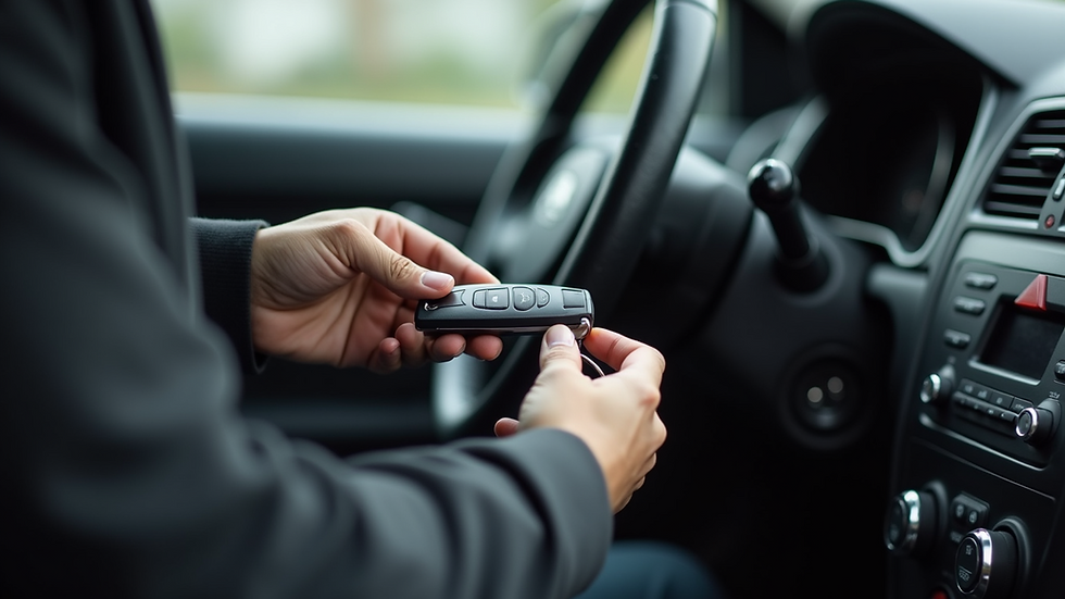 Eye-level view of a locksmith programming a car key fob