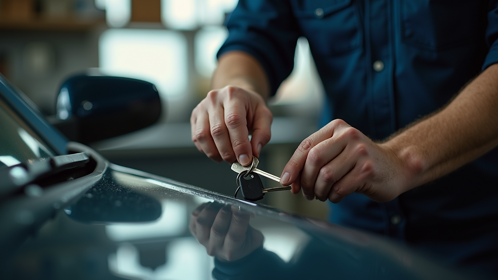 Eye-level view of a locksmith cutting a car key