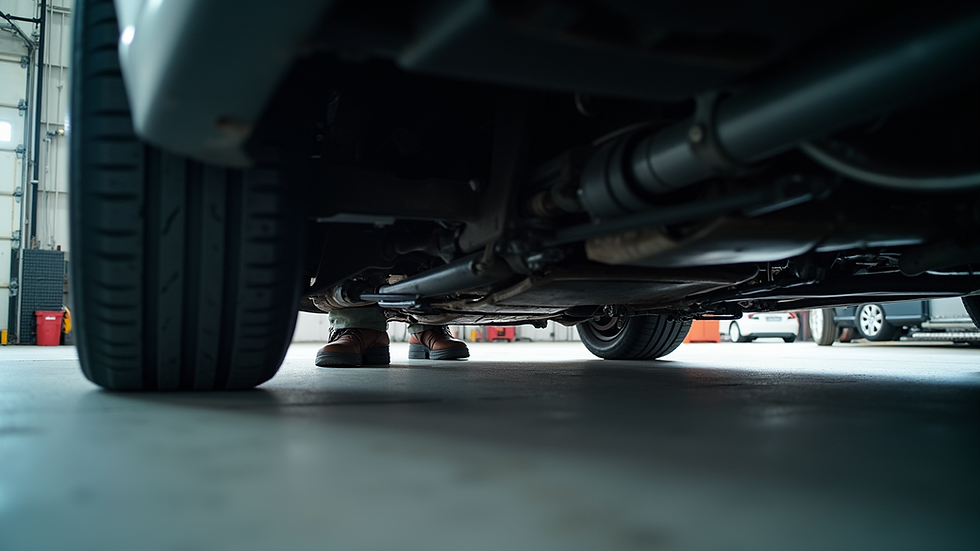 Eye-level view of a mechanic inspecting a car’s undercarriage