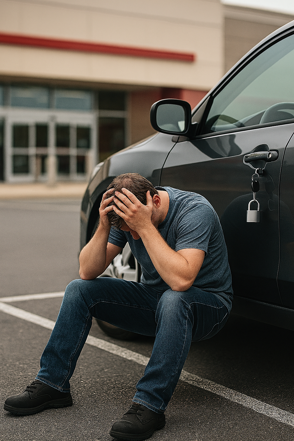 Guy sitting by car stressed about being locked out of his car