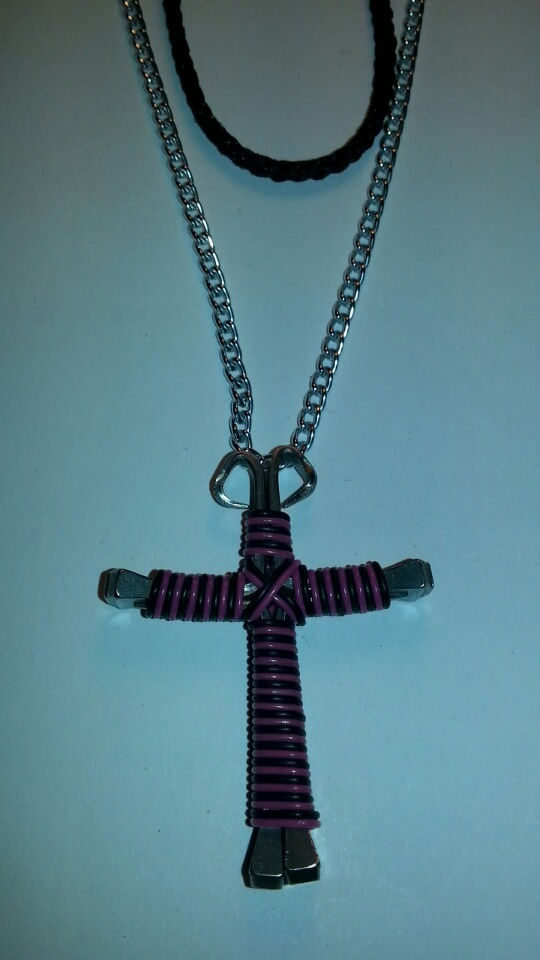 Thumbnail: Candy Cane Colored Wire Wrapped Horseshoe Nail Cross Necklaces J