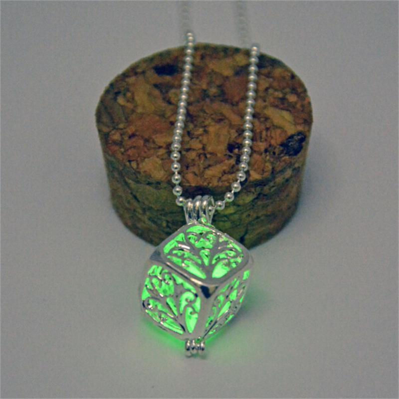 Thumbnail: Day and Night Glow Silver Cube Necklace Jewelry. Green, Blue, Orange, Purple