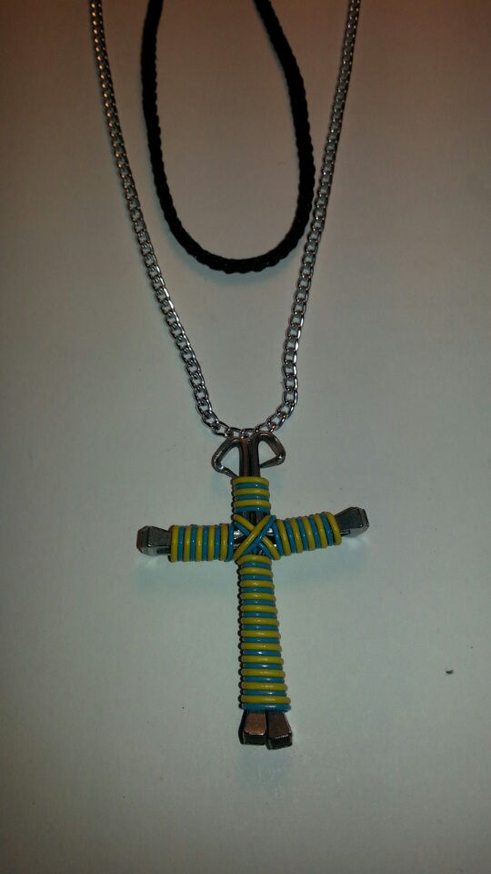 Thumbnail: Candy Cane Colored Wire Wrapped Horseshoe Nail Cross Necklaces Jewelry