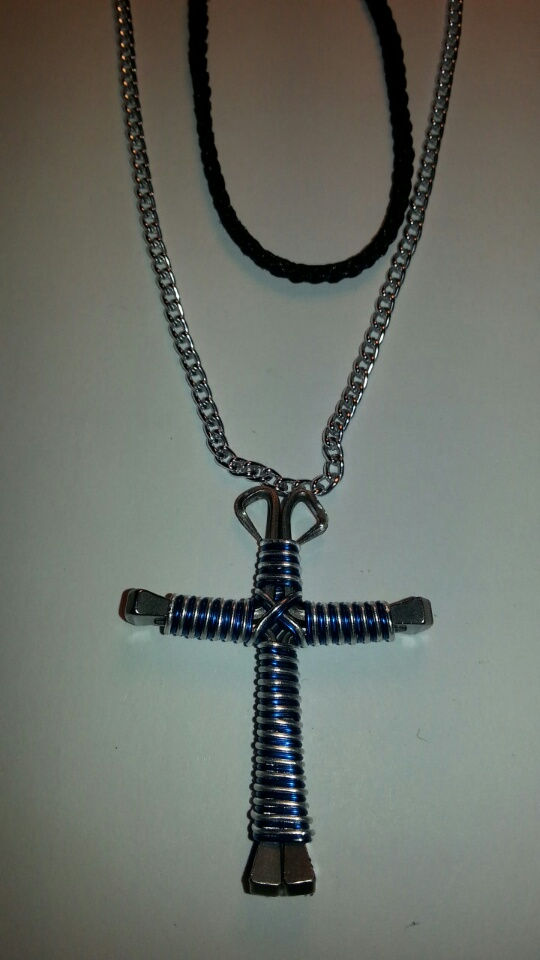 Thumbnail: Candy Cane Colored Wire Wrapped Horseshoe Nail Cross Necklaces J