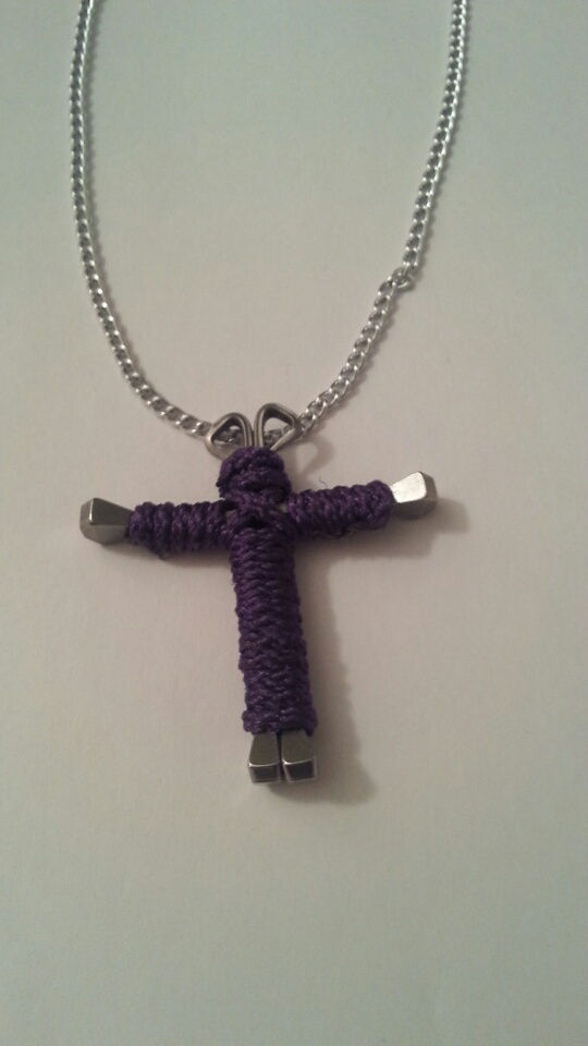 Thumbnail: Horseshoe Nail Cord Wrapped Cross Necklace or Key Ring Jewelry.