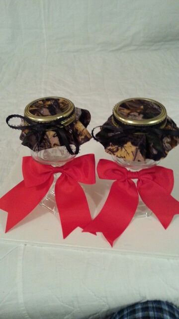 Thumbnail: Green Camo Top Decorative Candle Jar Sets.  Group 1. Choice of Bow color.