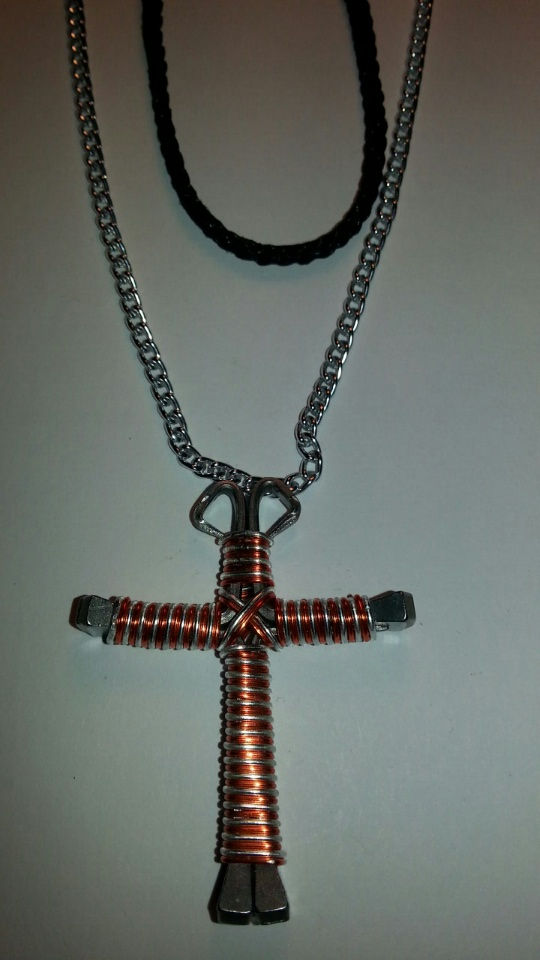 Thumbnail: Candy Cane Colored Wire Wrapped Horseshoe Nail Cross Necklaces J