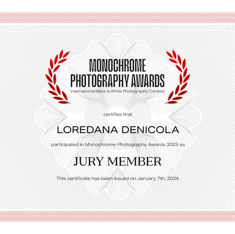 Certificato di partecipazione per il ruolo di giudice ai Monochrome Photography Awards 2023.