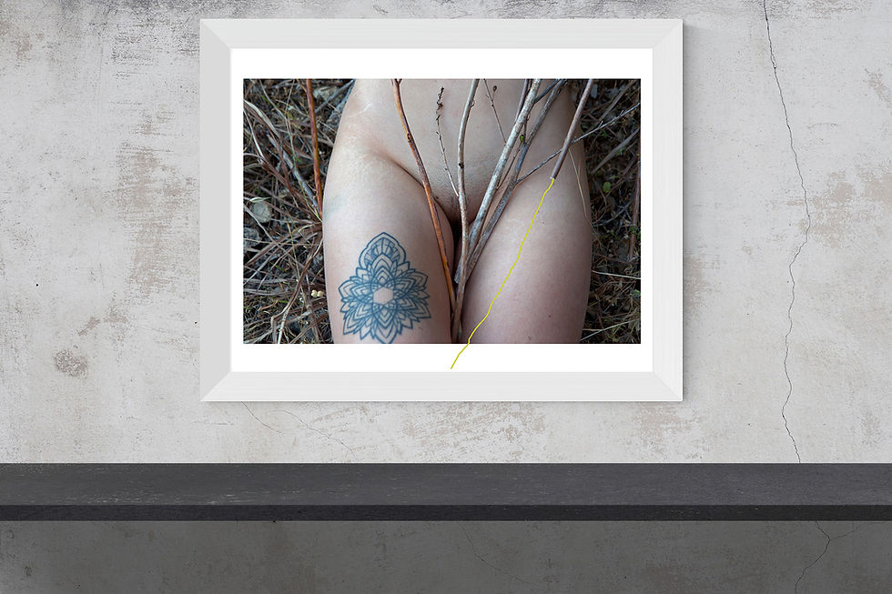 Miniatura: Nude female figure in a fine art photograph with a golden-yellow line extending a branch, by Loredana Denicola on the wall