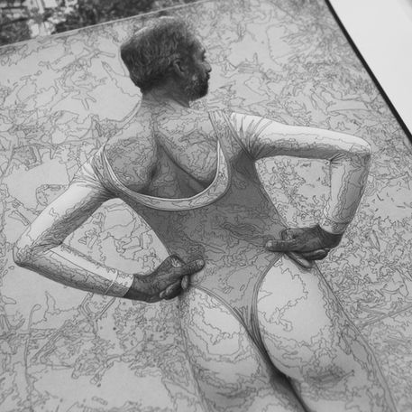 Black and white fine art print combining a photographic portrait with detailed pen drawing overlays, created in collaboration with artist Samantha Zenou.