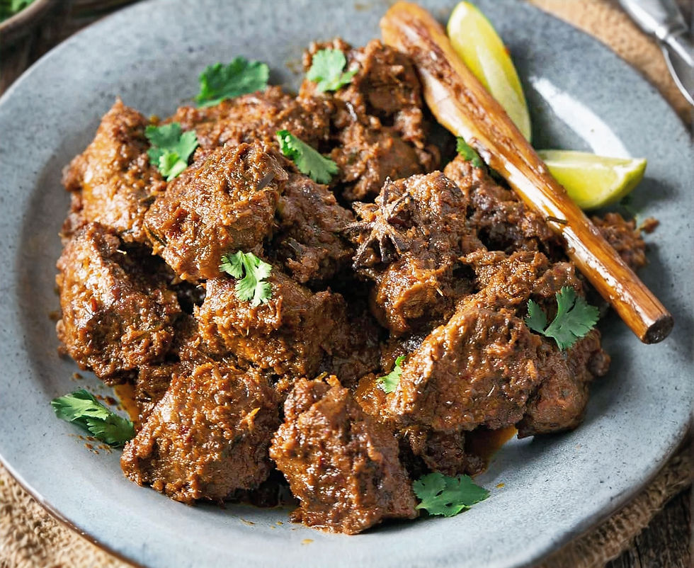 Spicy beef rendang garnished with cilantro on a gray plate, paired with lemon wedges and a cinnamon stick, creating a hearty, savory dish.