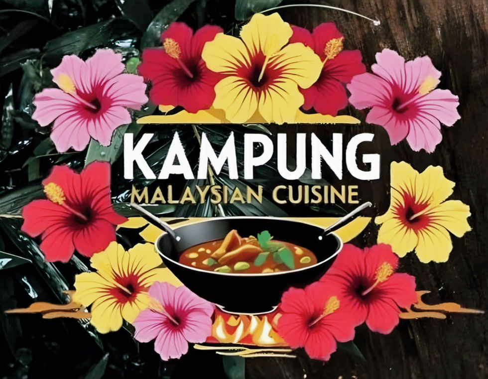 Colorful hibiscus flowers surround text reading "Kampung Malaysian Cuisine" with a bowl of curry in a tropical setting.