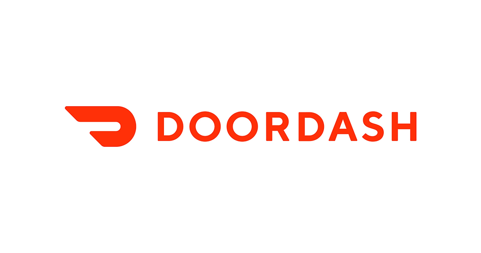 Red DoorDash logo on white background, featuring a stylized "D" and bold text. Clean, modern design.