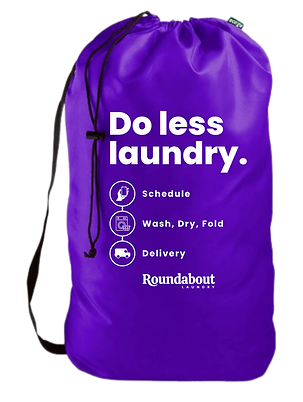 Roundabout's Purple Bag, shown with shoulderstrap and drawstring.