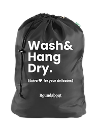 A purple Roundabout laundry bag and a grey Wash & Hang Dry bag, shown together for size comparison.
