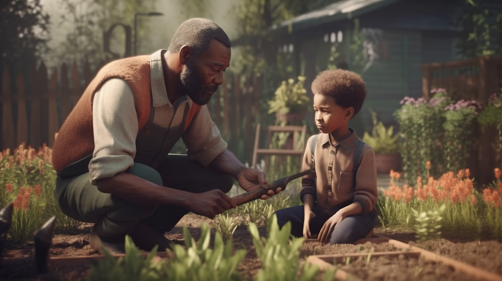 Older man teaching a young man about gardening