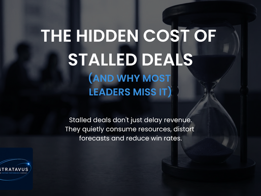 Hourglass beside blurred office figures with headline THE HIDDEN COST OF STALLED DEALS and Stratavus logo.