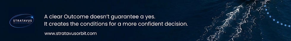 Dark blue Stratavus banner with logo, lightning graphic, and text: A clear Outcome doesn't guarantee a yes. www.stratavusorbit.com