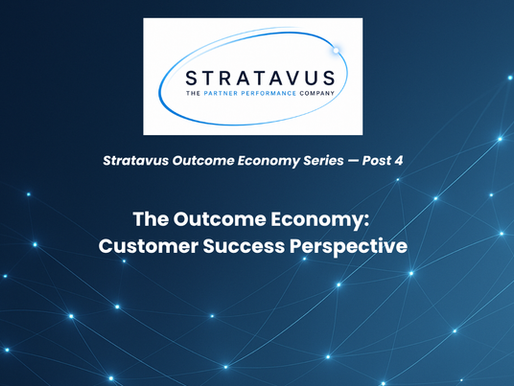 Digital poster with "Stratavus Outcome Economy Series — Post 4," and "The Outcome Economy: Customer Success Perspective" on a blue network-patterned background.