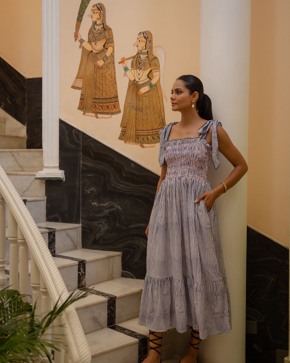 Thumbnail: Yasmin striped smocked sundress in Midnight