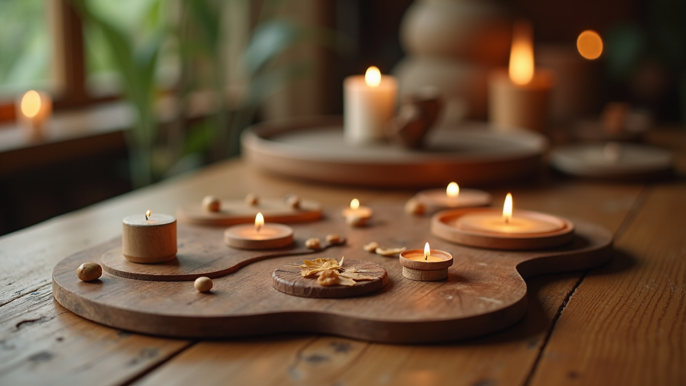 Close-up view of sound healing instruments arranged on a wooden table