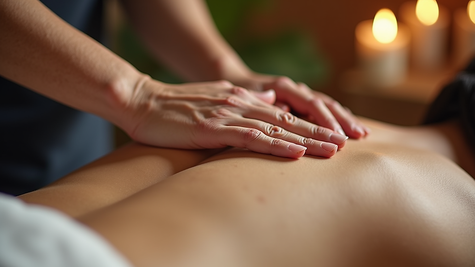 Close-up view of Reiki practitioner's hands hovering over a client's body