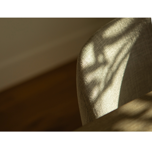 Fabric dining chair with soft shadows from nearby foliage cast across the surface in warm, natural light.