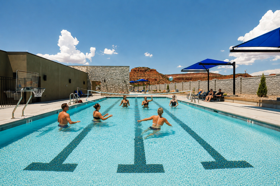 Adults playing volleyball in the Catori Canyon community pool with shaded lounge seating and red rock canyon views in the background.