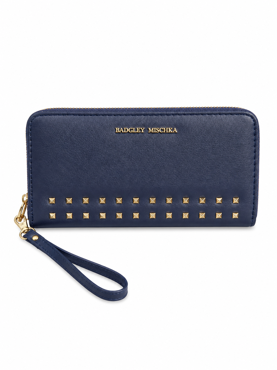 Badgley Mischka navy wallet with gold studs and wrist strap