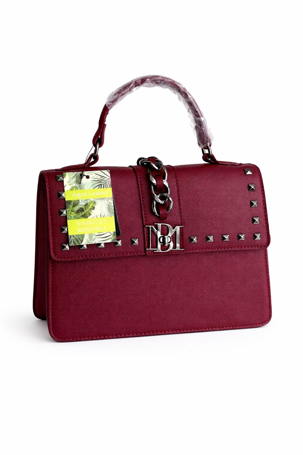 Badgley Mischka Studded Red Top Handle Bag – Vegan Leather Designer Crossbody Ps