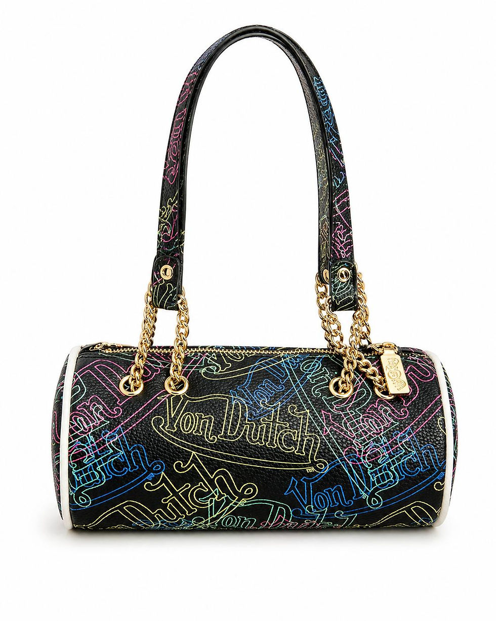 Thumbnail: Von Dutch Neon Logo Barrel Shoulder Bag – Black Multicolor | Gold Chain Detail |