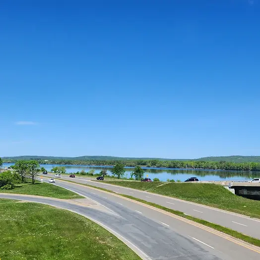 View of the south shore of Fredericton, New Brunswick along the St John (Wolastoq) river