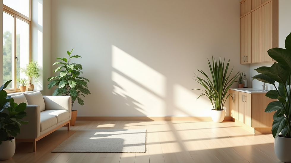 Eye-level view of a serene holistic health clinic room with natural light