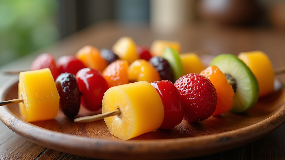 Close-up view of colorful fruit skewers on a wooden plate