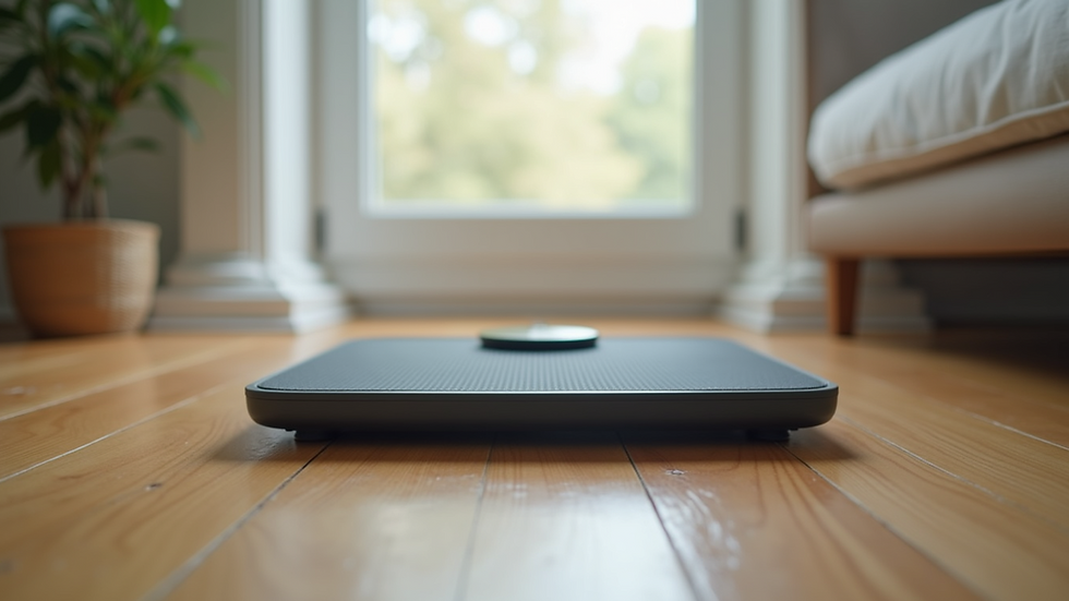 Eye-level view of a fitness scale on a wooden floor