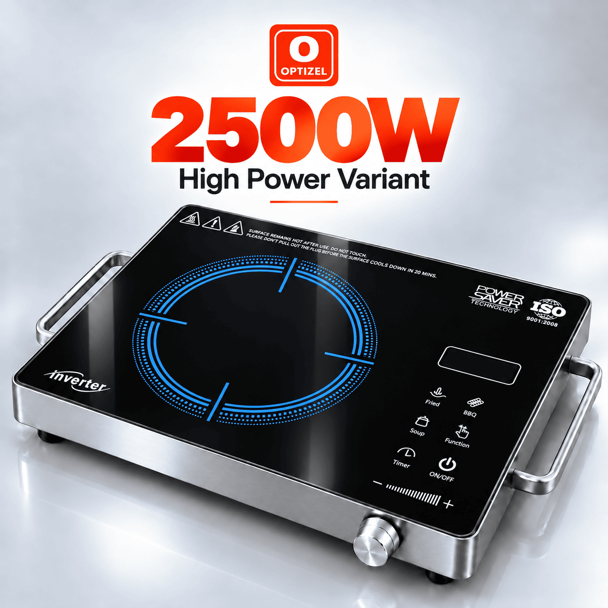 OPTIZEL AMORA 2500W High Power Infrared Cooktop | Premium Black Blue Ring Glass