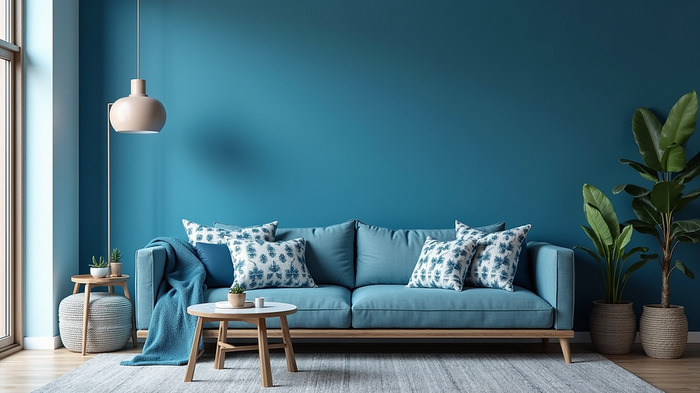 Eye-level view of a living room with a bold blue accent wall and patterned cushions