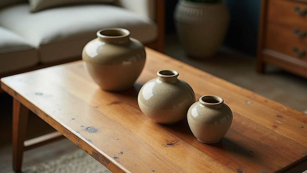 High angle view of a vintage wooden coffee table with handmade ceramic vases