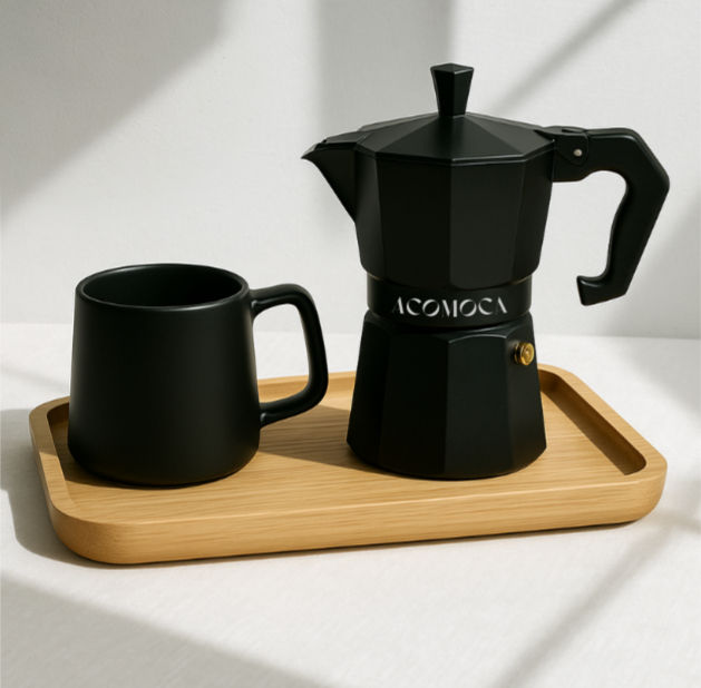 Thumbnail: moka pot and a mug on the tray