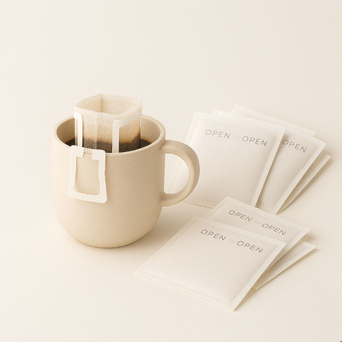 a mug with a drip bag and few more drip bags fallen