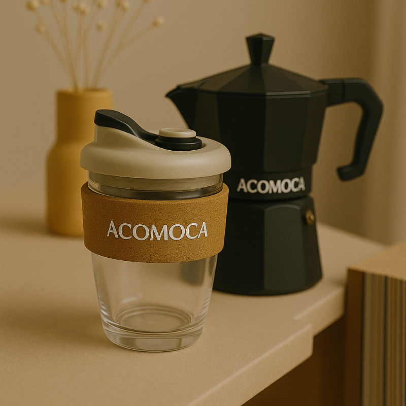 Thumbnail: glass cork mug with a black moka pot on a slab