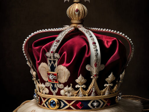 A colour photo of the Crown that the Queen wore, sat on a pillow and a plain brown background.