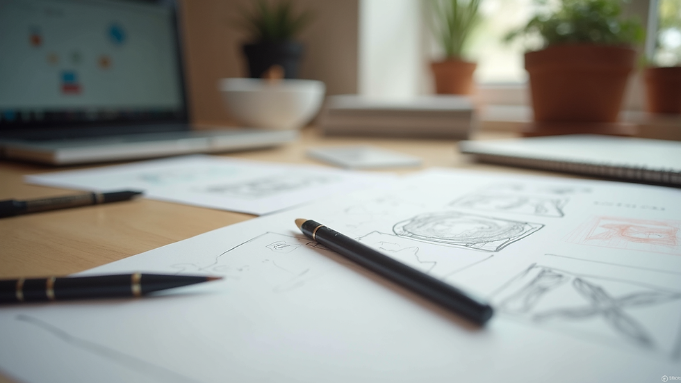 Eye-level view of a minimalist workspace with design tools and sketches