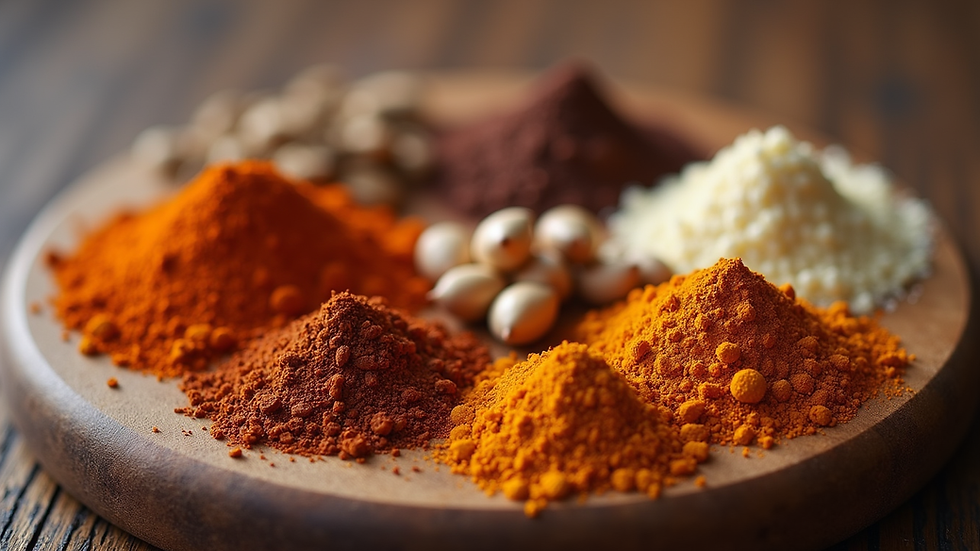 Close-up view of assorted chai spices and nuts arranged on a wooden board