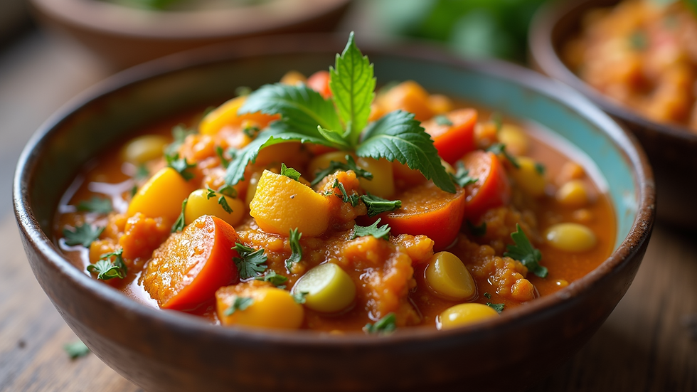 Close-up view of a bowl of colorful mixed vegetable curry with spices