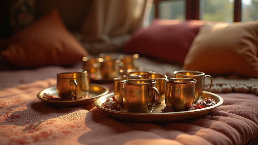 Eye-level view of a cozy chai party setup with cushions and brass cups